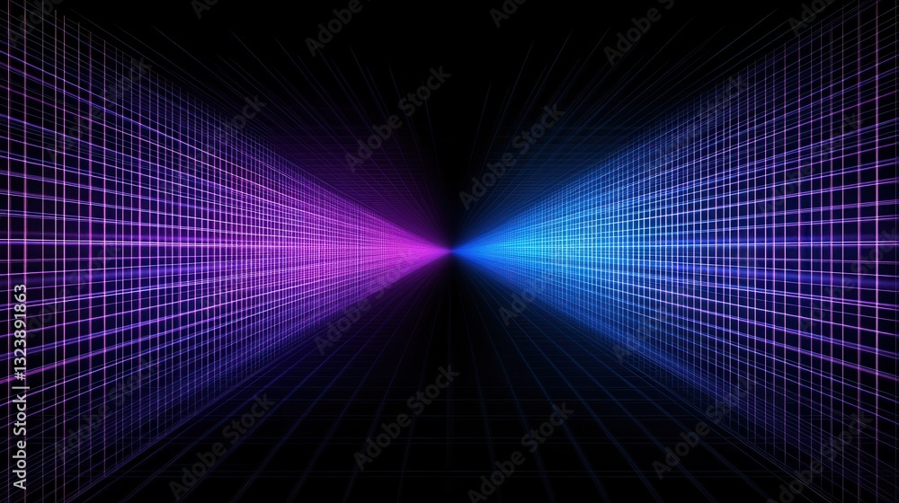 Poster glowing neon lines create a modern abstract pattern in blue and purple with a grid structure and amp