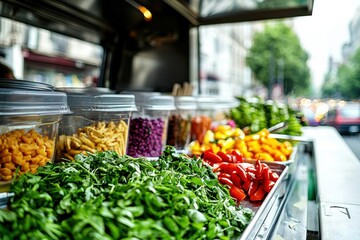 Obraz premium A colorful display of fresh vegetables and pasta at an urban food stand on a city street with blurred buildings and a passing car in the background.