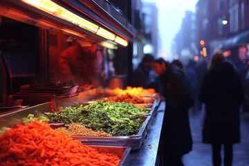 A colorful array of fresh vegetables displayed at a bustling street food market, illuminated by warm overhead lights, with people browsing the vibrant selections.