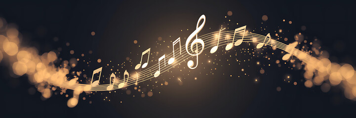 Glowing Golden Music Notes and Flowing Staves on a Dark Abstract Background, abstract music background, golden music notes, flowing staves