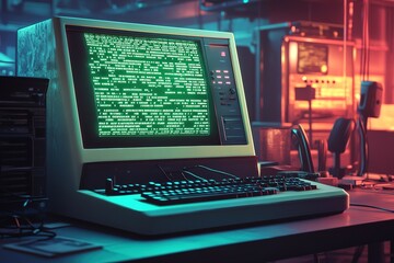 A retro-futuristic 1980s workstation, a massive desktop computer with blinking green text, neon lights reflecting off a mechanical keyboard