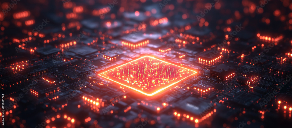 Fototapete A dynamic view of a quantum processor surrounded by intricate circuitry, illustrating the principles of superposition and entanglement.