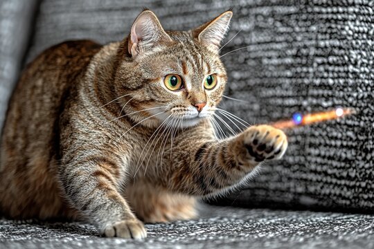 A playful tabby cat with striking green eyes intently chasing a vibrant laser light, set against a textured gray sofa background, capturing a moment of feline fun.