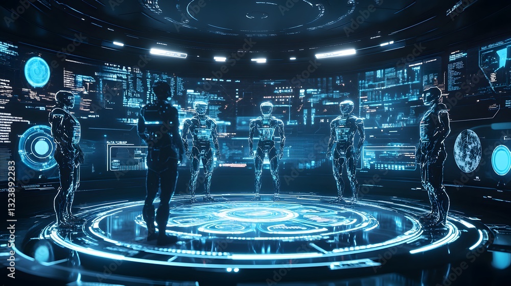 Aufkleber a futuristic council of ai figures surrounded by glowing holographic screens, each displaying balanc