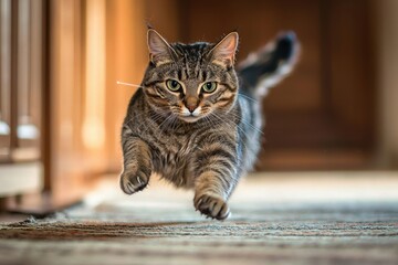 A tabby cat leaps mid-air with incredible focus, demonstrating its agility in a dynamic indoor shot, showcasing a moment of pure feline energy and playfulness.