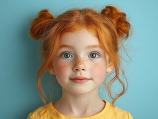 Naklejka premium Cute girl with red hair and freckles against blue background