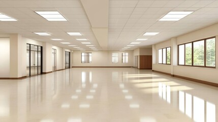Spacious, well-lit empty office interior showcasing large windows and polished floors