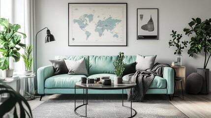 Mint Scandinavian Living Room: Stylish Sofa, Plants, Map, DVD & Modern Decor home cozy e v2 calm    