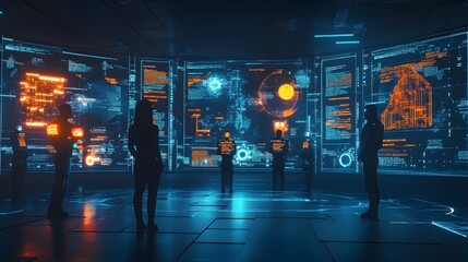A futuristic council of AI figures surrounded by glowing holographic screens, each displaying balanced decision-making metrics and strategies