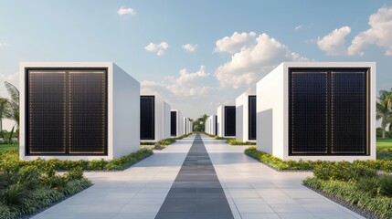 Obraz premium Modern modular homes with solar panels. Sustainable living concept with eco friendly houses and renewable energy.