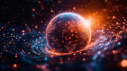 Abstract 3D globe with glowing connection lines, symbolizing global connectivity and digital networks.