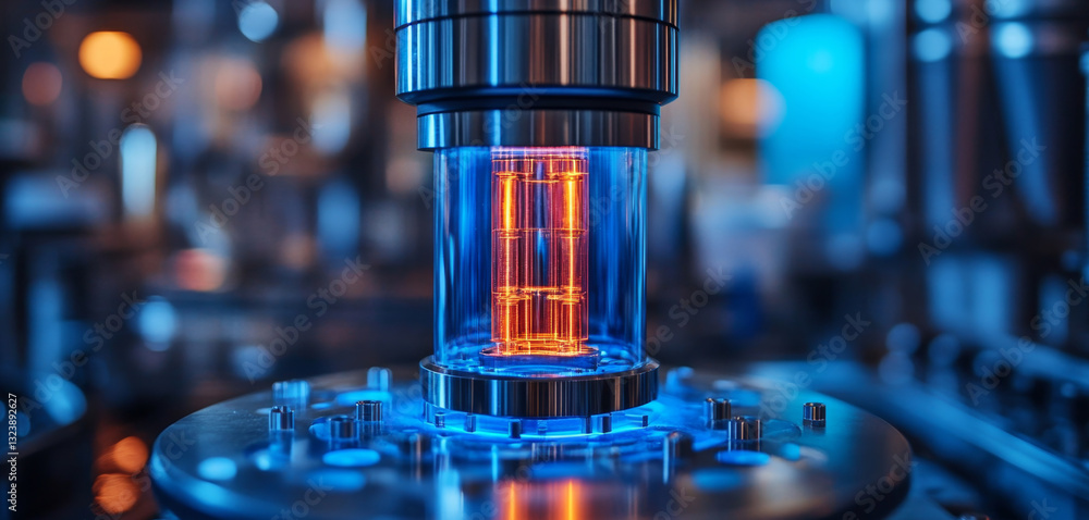 Leinwandbilder A high-tech quantum processor sits under a vibrant light in a research lab, demonstrating the principles of qubits and superposition. Researchers aim to optimize algorithms for various applications.