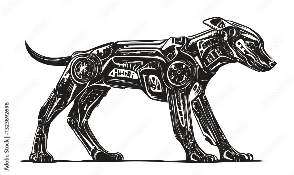 Aufkleber robotic dog design with mechanical elements in linear style, icons set, vector.