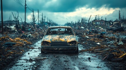Fototapeta premium Damaged car sits amidst debris on a street after a natural disaster.