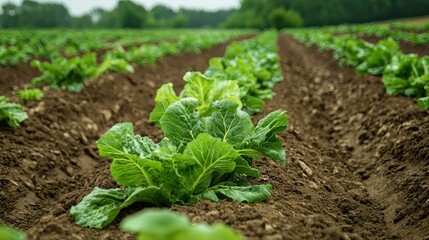 Rows of young cabbage plants growing in a field. Agriculture and farming concept.