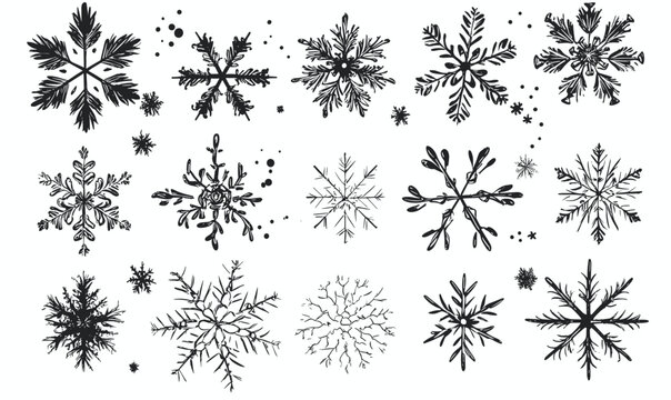 Black snowflakes collection - winter theme, decorative elements, icons set, flat vector.