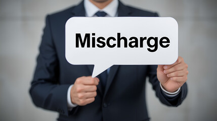 Mischarge. Businessman in suit holds speech bubble at camera. The term Mischarge is in the sign. Symbol for business, finance, statistics, analysis, economy