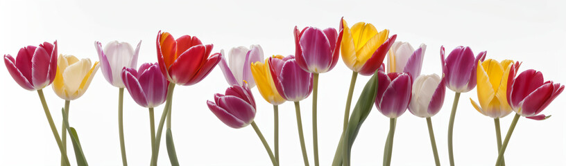 "Experience the elegance of spring.  
Vivid tulips gracefully arranged against a pure white background,  
highlighting the delicate beauty of seasonal blooms."