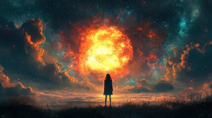 Fototapeta premium Silhouette of a woman gazing at a fiery cosmic explosion in a surreal nightscape.