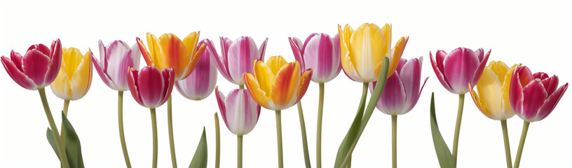 "Experience the elegance of spring.  
Vivid tulips gracefully arranged against a pure white background,  
highlighting the delicate beauty of seasonal blooms."