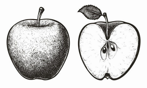 Whole and halved apple in black and white, flat icons set, vector.