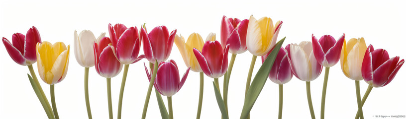 "Experience the elegance of spring.  
Vivid tulips gracefully arranged against a pure white background,  
highlighting the delicate beauty of seasonal blooms."