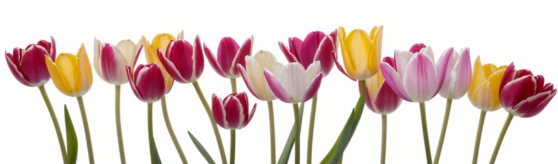 "Experience the elegance of spring.  
Vivid tulips gracefully arranged against a pure white background,  
highlighting the delicate beauty of seasonal blooms."