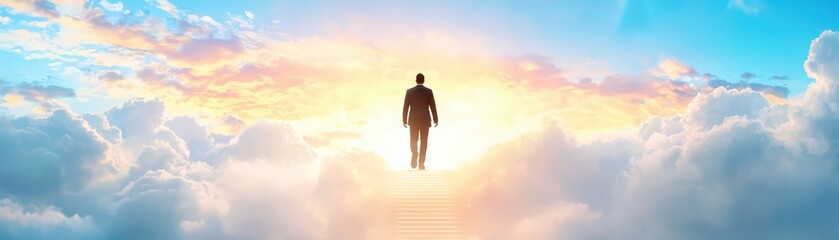 Obraz premium Surreal Concept of Dreams Coming True with a Figure Amidst Clouds and Radiant Light