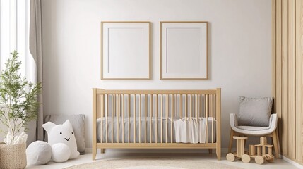Serene Nursery Room Decor with Two Picture Frames Cot and Wooden Toys and Soft Plush Toy Friends
