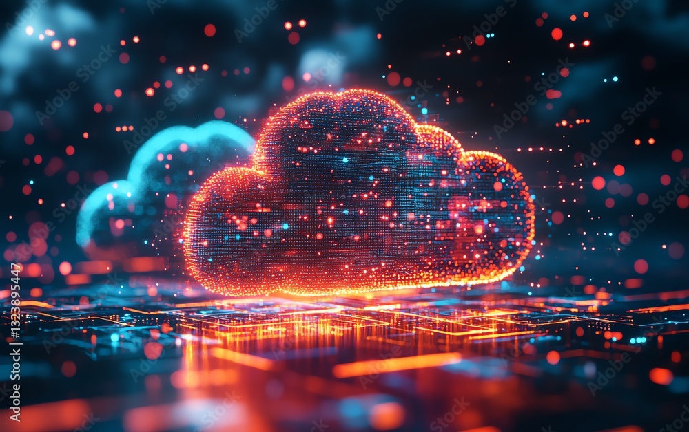 Poster abstract cloud computing technology with digital data transfer, futuristic background, glowing neon 