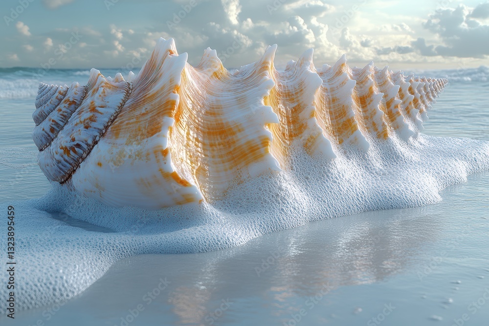Poster surreal conch shell resting on a tranquil beach under soft evening light