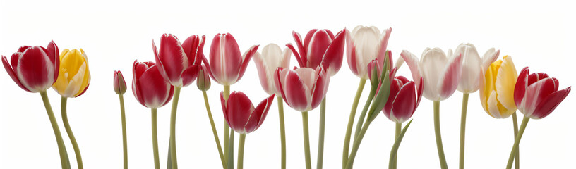 "Experience the elegance of spring.  
Vivid tulips gracefully arranged against a pure white background,  
highlighting the delicate beauty of seasonal blooms."