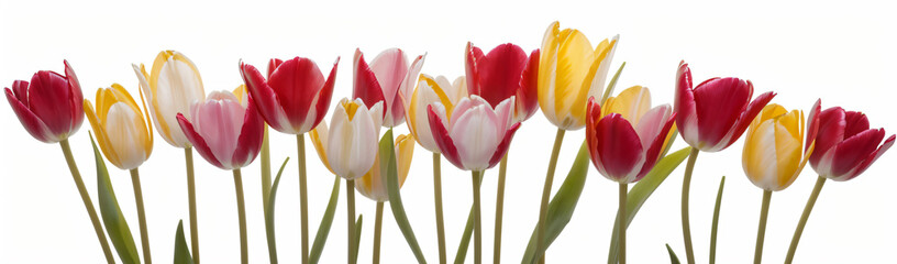"Experience the elegance of spring.  
Vivid tulips gracefully arranged against a pure white background,  
highlighting the delicate beauty of seasonal blooms."