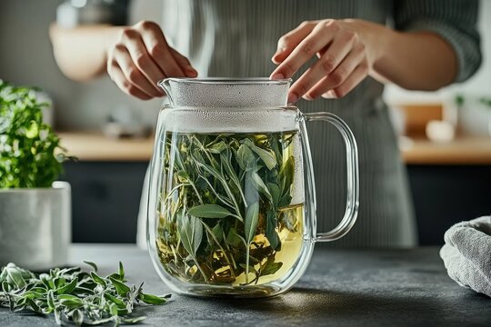 A woman preparing a herbal infusion in a glass teapot, filled with sage leaves and hot water, showcasing a natural, healthy beverage and a serene, mindful ritual.
