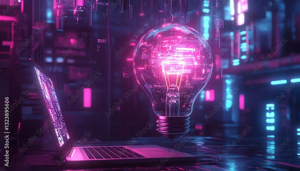 Aufkleber abstract lightbulb filled with business sketches hovering over a laptop, digital innovation, glowing
