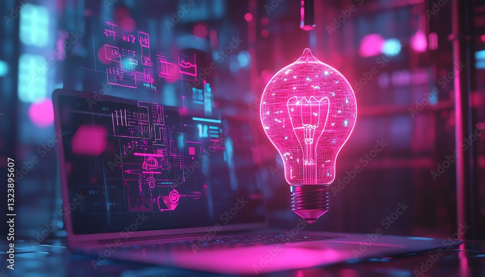 Aufkleber abstract lightbulb filled with business sketches hovering over a laptop, digital innovation, glowing