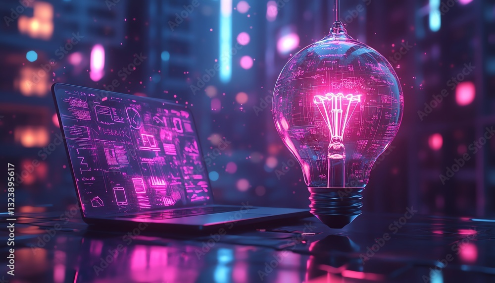 Aufkleber abstract lightbulb filled with business sketches hovering over a laptop, digital innovation, glowing