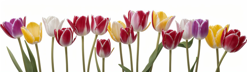 "Experience the elegance of spring.  
Vivid tulips gracefully arranged against a pure white background,  
highlighting the delicate beauty of seasonal blooms."