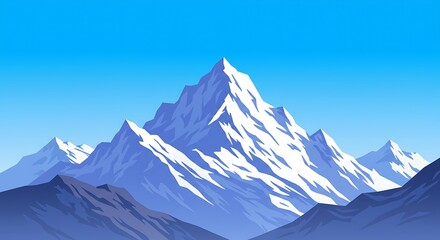 Fototapeta premium Snowy Mountain Peak Landscape Against Clear Blue Sky Graphic Illustration