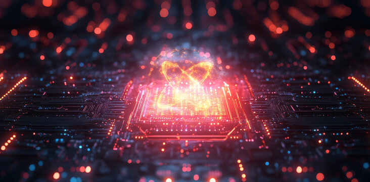 This visual representation illustrates the concepts of quantum computing, focusing on qubits, superposition, and entanglement. It highlights the intricate design of a quantum processor.