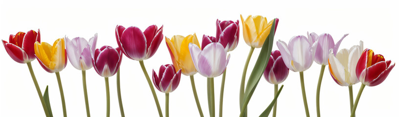 "Experience the elegance of spring.  
Vivid tulips gracefully arranged against a pure white background,  
highlighting the delicate beauty of seasonal blooms."