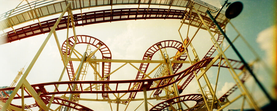 Panoramic low angle view of a rollercoaster, Luna Park, Coney Island, Brooklyn, New York City, New York State, USA.