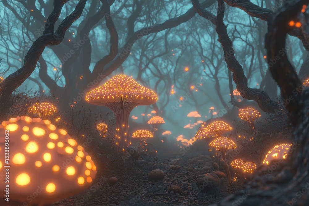 Poster a mystical forest scene with glowing mushrooms illuminating a foggy path, creating a magical and enc