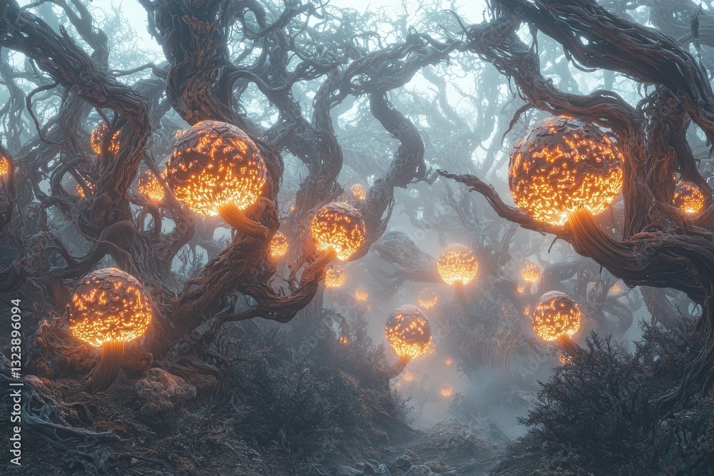 Poster mystical glowing orbs illuminate a dark and enchanting forest landscape, creating an otherworldly at