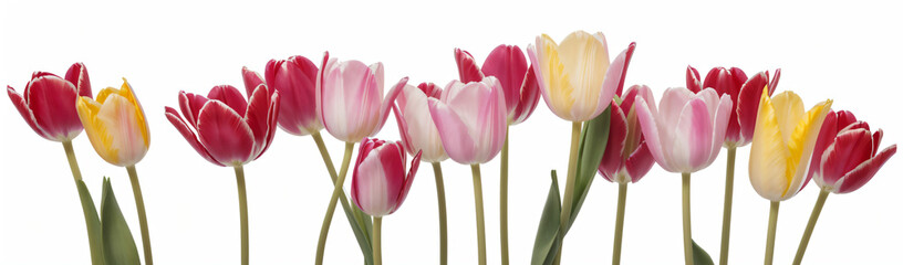 "Experience the elegance of spring.  
Vivid tulips gracefully arranged against a pure white background,  
highlighting the delicate beauty of seasonal blooms."
