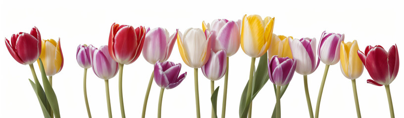 "Experience the elegance of spring.  
Vivid tulips gracefully arranged against a pure white background,  
highlighting the delicate beauty of seasonal blooms."