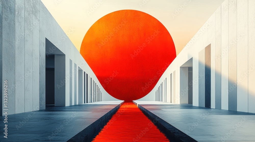 Poster red sphere in minimalist architecture with water channel.