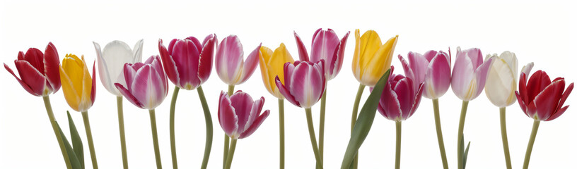 "Experience the elegance of spring.  
Vivid tulips gracefully arranged against a pure white background,  
highlighting the delicate beauty of seasonal blooms."