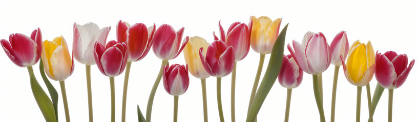 "Experience the elegance of spring.  
Vivid tulips gracefully arranged against a pure white background,  
highlighting the delicate beauty of seasonal blooms."