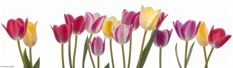 "Experience the elegance of spring.  
Vivid tulips gracefully arranged against a pure white background,  
highlighting the delicate beauty of seasonal blooms."